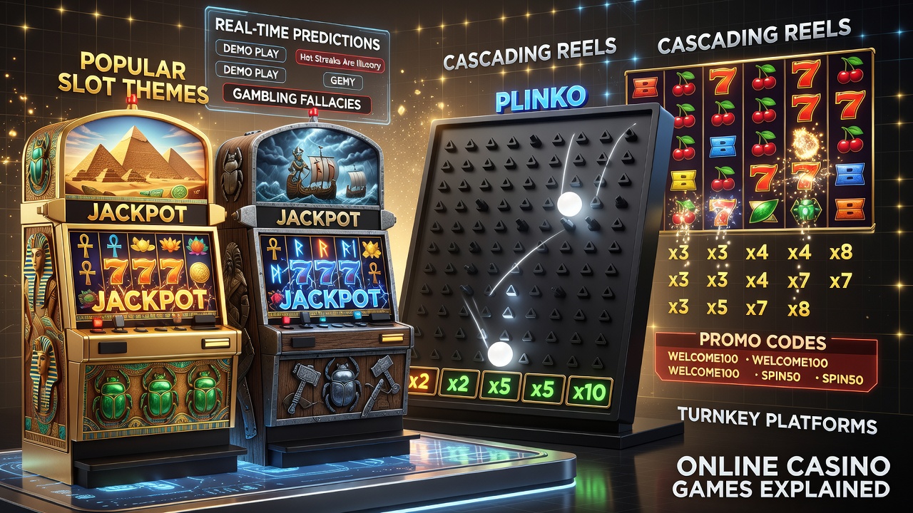 Online Casino Games Explained: Popular Slot Themes, Real-Time Predictions, Demo Play, Cascading Reels, Plinko, Gambling Fallacies, Results, Promo Codes and Turnkey Platforms